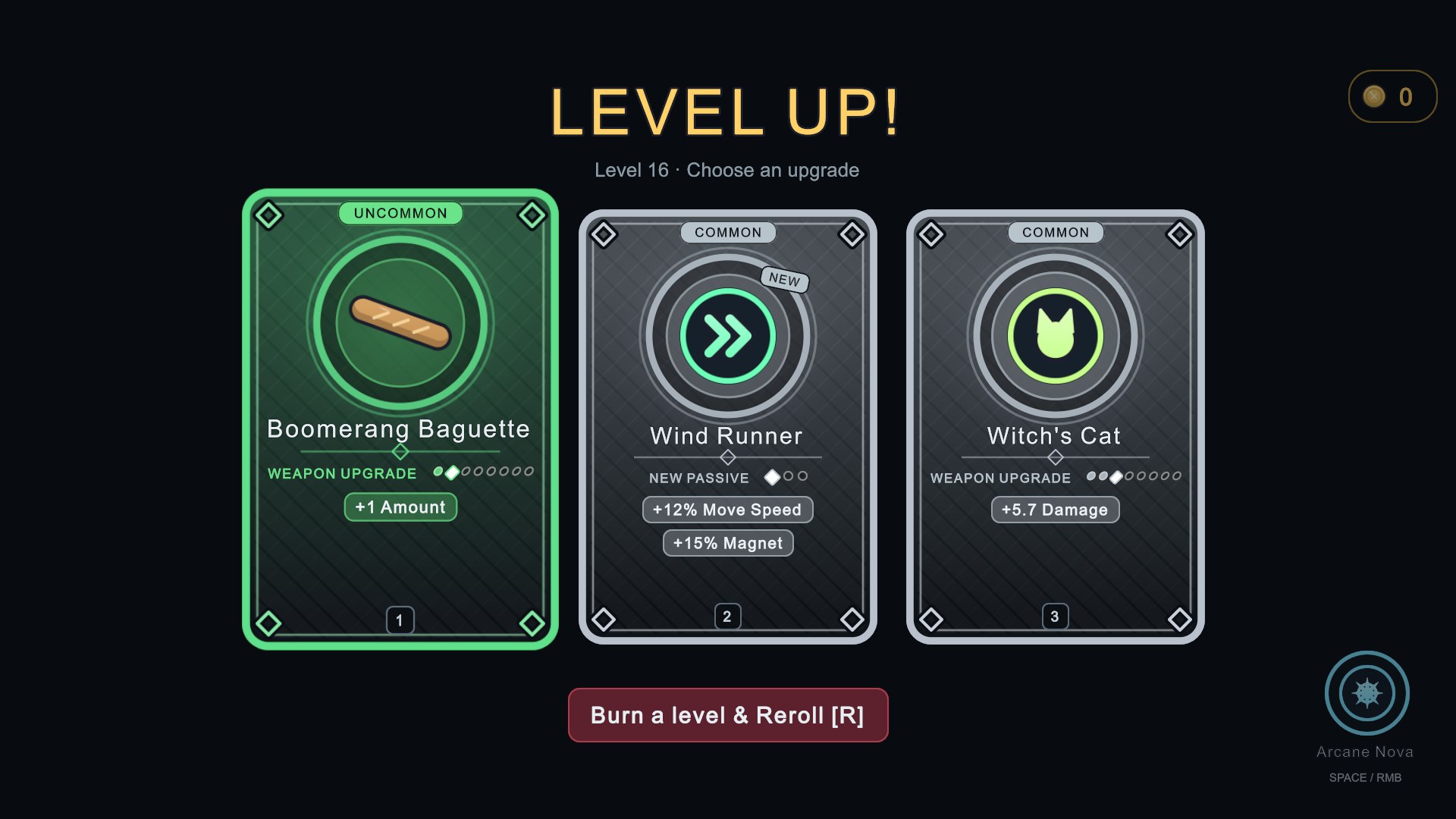 The level-up screen showing three upgrade cards